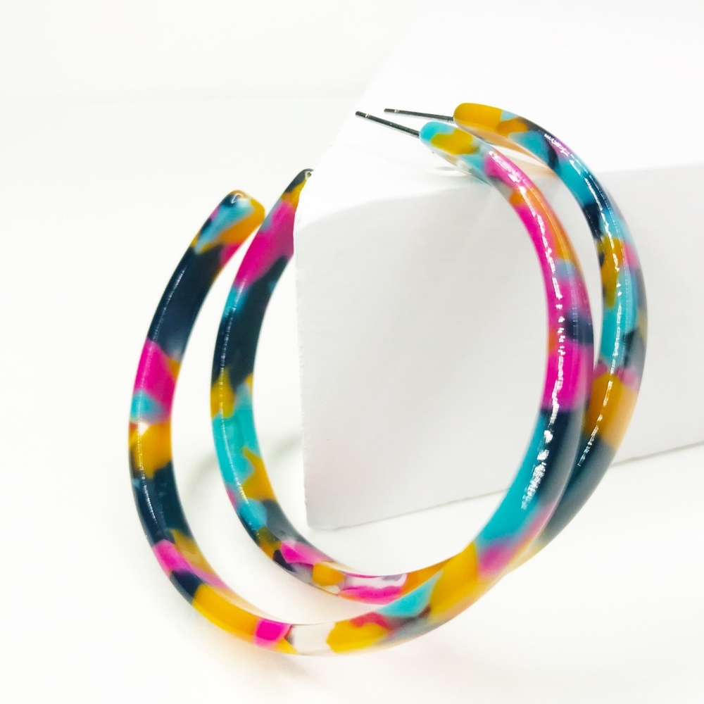 Acrylic Hoop Earrings in Pink, Blue and Yellow - Picture 5 of 7